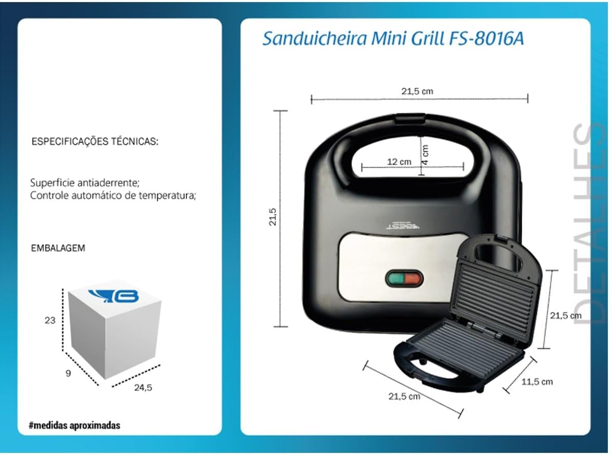 Sanduicheira Mini Grill Antiaderente Best 750W Preta 220v - Imagem 7